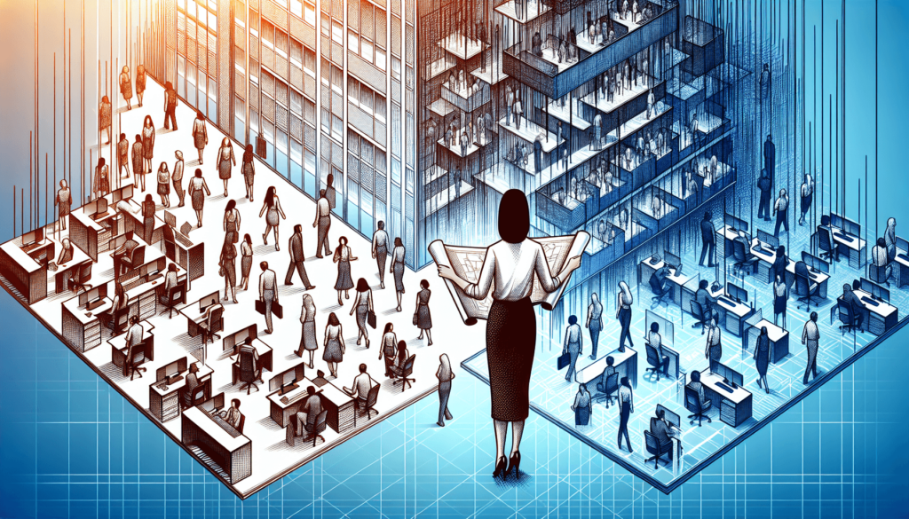 Eine Frau steht vor einer dreidimensionalen Darstellung eines Bürogebäudes mit mehreren Stockwerken und Angestellten, die verschiedene Tätigkeiten ausführen.