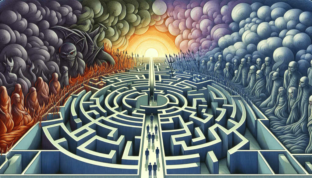 Ein Labyrinth mit menschlichen Figuren, die einen dunklen und einen hellen Weg gehen, symbolisch für die Entscheidung zwischen Gut und Böse.