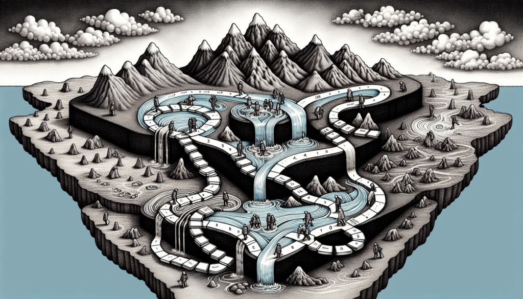 Labyrinth in der Berglandschaft mit Wegen, die zu verschiedenen Wasserfällen und Toren führen, die verschiedene Lebenswege und Entscheidungen symbolisieren.