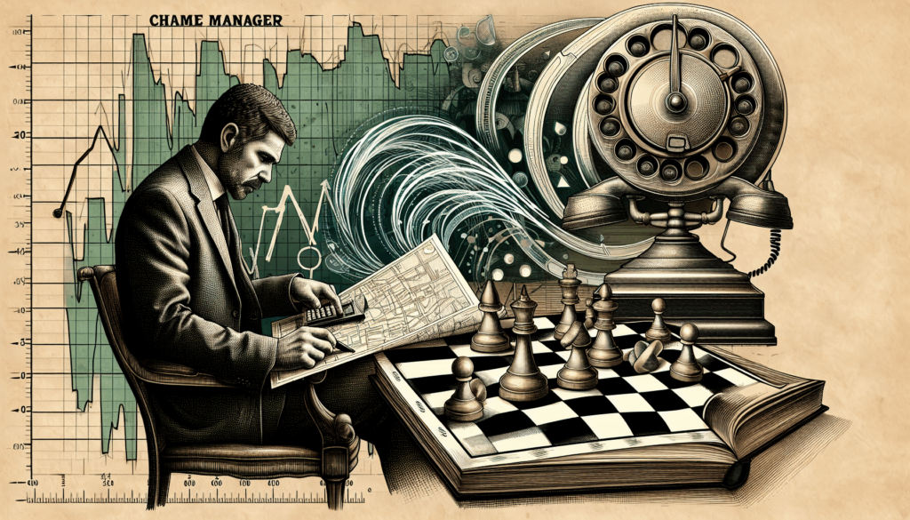 Ein Mann sitzt an einem Schreibtisch und spielt Schach, während im Hintergrund eine alte Telefonzentrale und verschiedene Geschäftsgrafiken zu sehen sind, die auf strategische Planung und Management hindeuten.
